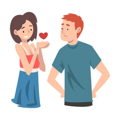 Young woman in a dress gives her heart to a young man. Undivided love. Vector illustration.