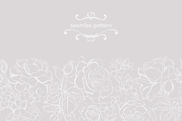 Flowers border seamless pattern in sketch style on white background - hand drawn exotic blooms of rose, forget-me-not, wildflower and leaf with white line contour. Vector illustration.