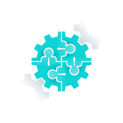 Human resources (HR) or team work (working solutions) logo template - circular emblem with people, puzzle inside cogwheel (gear)