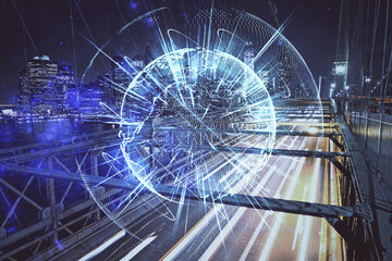 Double exposure of business theme hologram drawing and city veiw background. Concept of success.