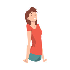 Girl in a red shirt clenches her fists. Vector illustration.