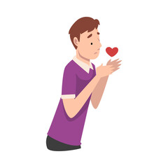Fototapeta na wymiar Young man holds a heart in his hands. Vector illustration.