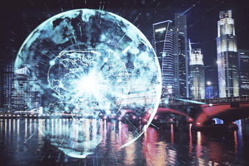 Double exposure of business theme hologram drawing and city veiw background. Concept of success.