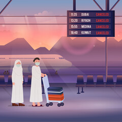 Flight Canceled, Hajj Postponed Due Coronavirus Diseased, Pilgrims Wearing Mask Illustration