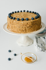 Homemade honey cake with milk cream and blueberries.