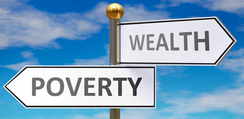 Poverty and wealth as different choices in life - pictured as words Poverty, wealth on road signs pointing at opposite ways to show that these are alternative options., 3d illustration