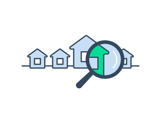 Property search icon for real estate booking and sale service - vector isolated logo template with searching process (loupe searching for houses)