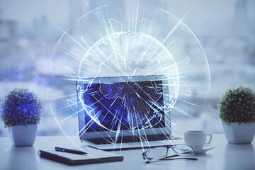 Double exposure of business theme icons and work space with computer background. Concept of success.