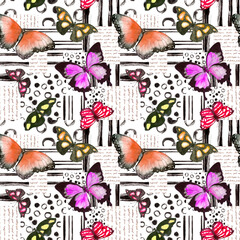 Watercolor butterflies seamless pattern. Insects, hand written text in decorative texture. Aquarelle red winged moth repeated background