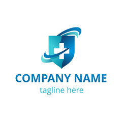 Medical protection icon - healthcare logo - cross inside shield in abstract decoration - isolated vector corporate emblem