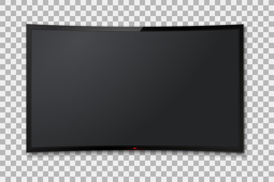 Realistic vector curved TV screen, modern blank mock-up lcd, television, Smart LED TV hanging on the wall on isolated transparent background. EPS10.