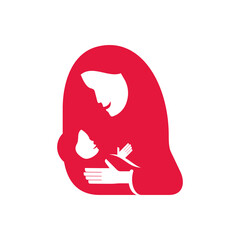 Motherhood logo - mom holding premature newborn child. Conceptual mother center logotype emblem template