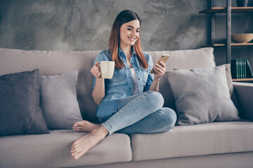 Portrait of positive cheerful girl sit divan hold mug cacao beverage have corona virus quarantine...