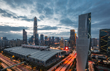 City skyline of Futian CBD, Shenzhen, China in the evening