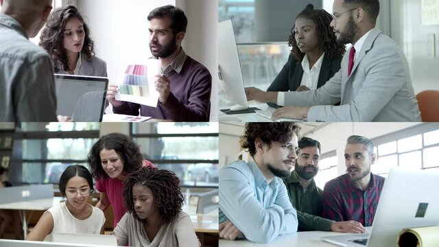 Collage of employees discussing project and using computer. Concentrated people working in team, watching. Multiscreen montage, split screen collage. Digital technology and teamwork concept