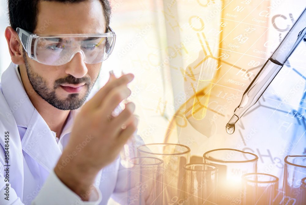 Wall mural caucasian scientist man lab technical service observe liquid sample with lab glassware and test tube