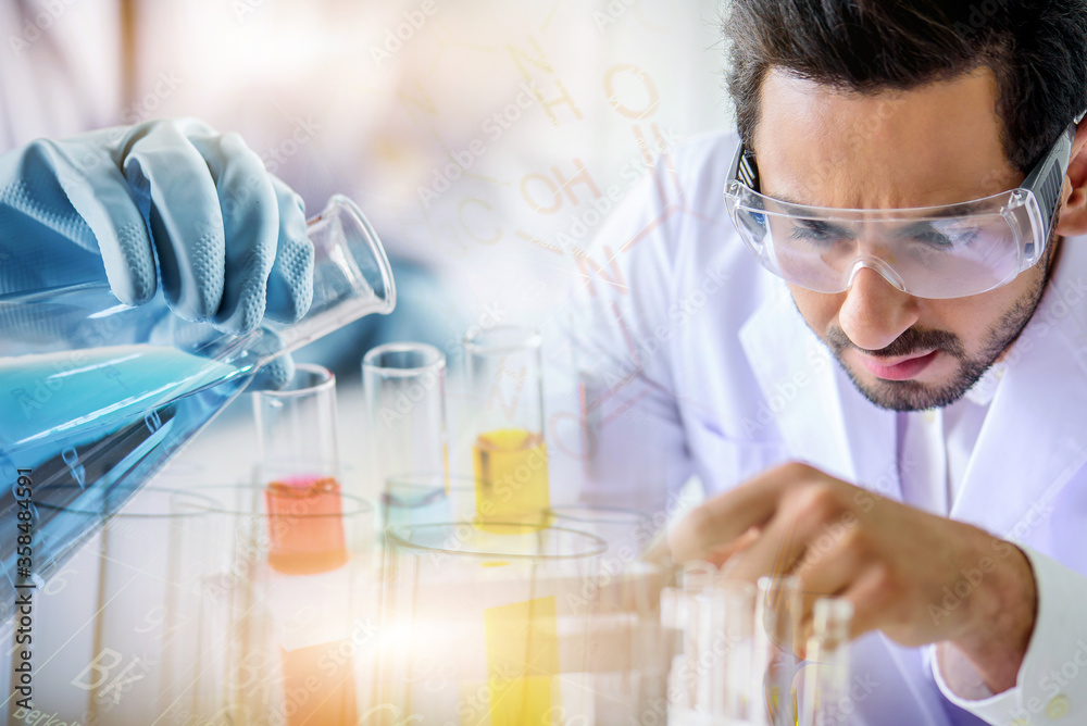 Wall mural caucasian scientist man lab technical service observe liquid sample with lab glassware and test tube