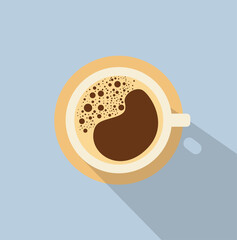 Modern flat cup of coffee illustration with top view, espresso or cappuccino on blue background with shadow. Trendy cute illustration for cafe, restaurant or logo. Eps 10 vector