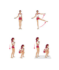 Girl is training at home. Stretching the muscles of the legs and spine. Exercises and gymnastics. Isolated on a white background