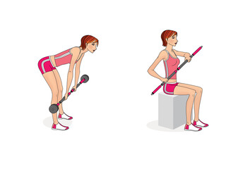 Girl is training at home. Stretching the muscles of the hands, legs and spine. Exercises and gymnastics. Isolated on a white background