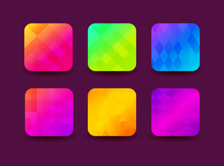 6 App icons background set for mobile device. Bright and beautiful gradient trands with overlay of simple shapes. Vector illustration. EPS 10.