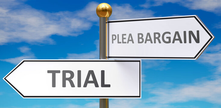 Trial and plea bargain as different choices in life - pictured as words Trial, plea bargain on road signs pointing at opposite ways to show that these are alternative options., 3d illustration