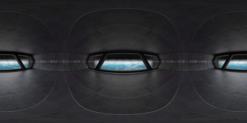 High resolution HDRI panoramic view of a spaceship interior. 360 panorama reflection mapping of a...