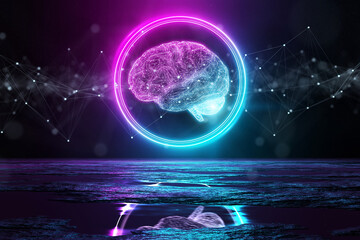 Digital brain holographic icon illuminating the floor with blue and pink neon light 3D rendering - obrazy, fototapety, plakaty