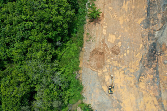 Environmental damage. Deforestation and logging. Aerial photo of forest cut down causing climate change 
