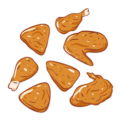 Fried chicken wings set. Vector illustration. Isolated on white background.