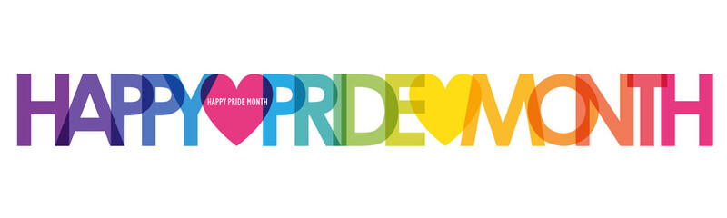 HAPPY PRIDE MONTH vector rainbow-colored typography banner with heart symbols