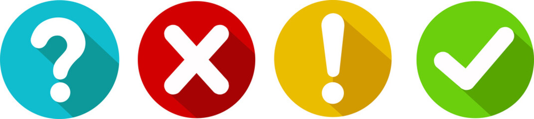 Obraz premium Set of round marks, cross, exclamation and question point, checkmark icons, buttons on white background.