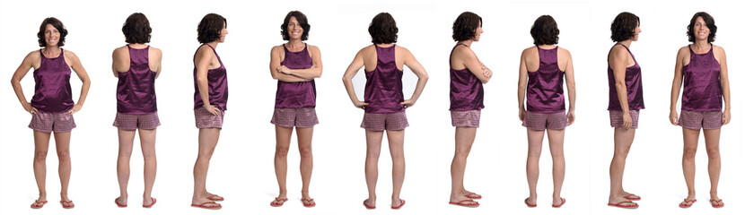 large group of woman with back, side and front view of a same woman summer short pajamas on white background