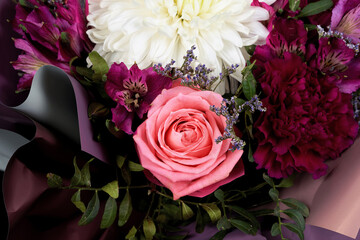 Fragment bouquet of different flowers. The view from the top