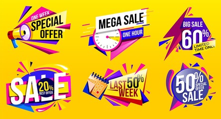Sale banner vector. Discount tag and sale label template with special promo offer. Geometric modern price design for promotional deal badge. Ad sticker with half price off.