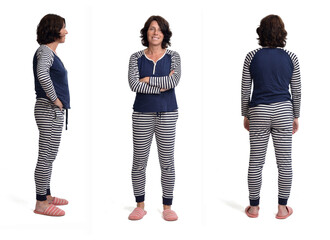 front, side and back view of a woman in pajamas on white background,