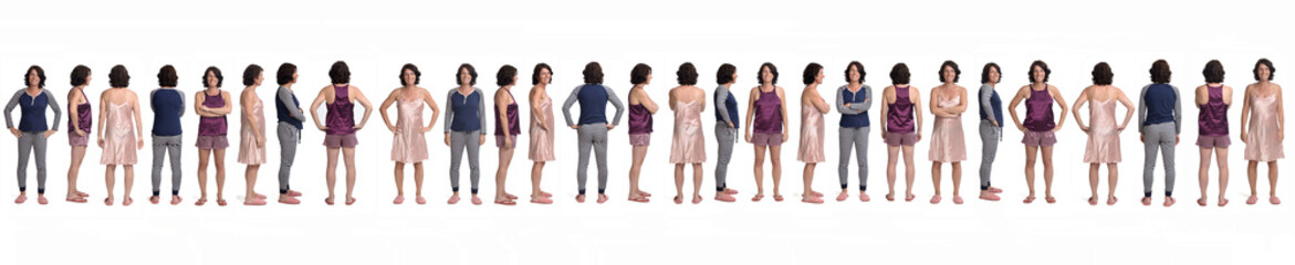 large group of various photos of the same woman with sleepwear on white background, front, rear and side view