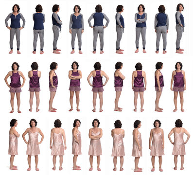 large group of various photos of the same woman with sleepwear on white background, front, rear and side view