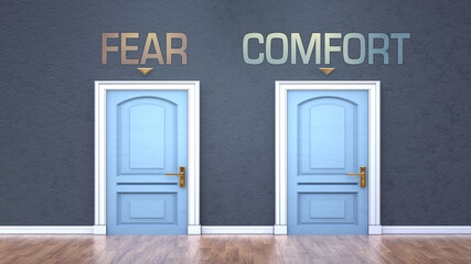 Fear and comfort as a choice - pictured as words Fear, comfort on doors to show that Fear and comfort are opposite options while making decision, 3d illustration