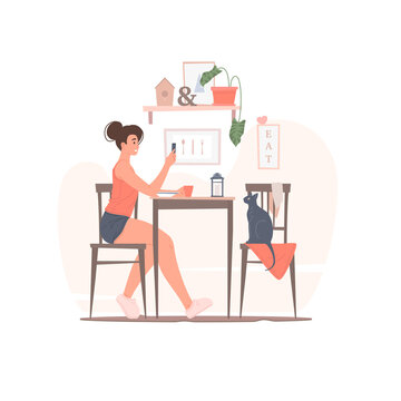 Woman with smartphone having breakfast with cat vector illustration.