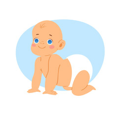 Cute little baby toddler in diaper try to crawl, move on tummy. Active curious newborn boy from 2 months to a year learn the world. Vector illustration on blue background for baby shower invitation.