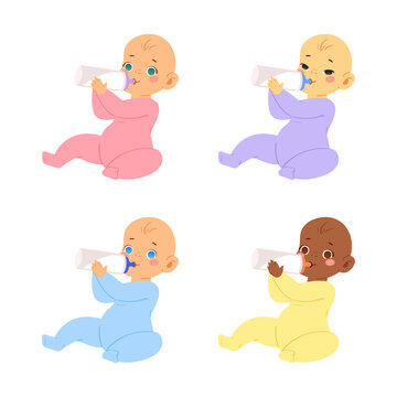 Multinational cute little babies and toddlers in bodysuits in various poses. Different ethnic newborn boys and girls from 0 to a year sitting and holding milk bottles. Vector baby shower illustration.