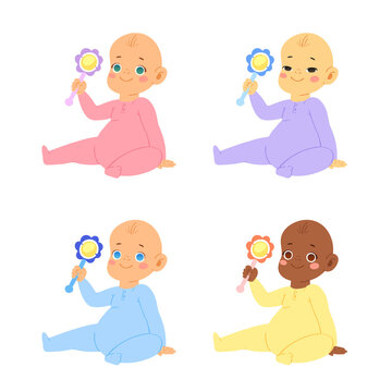 Multinational cute little babies and toddlers in bodysuits in various poses. Different ethnic newborn boys and girls from 0 to a year sitting and playing with toys. Vector baby shower illustration.