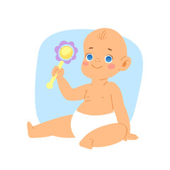 Cute little baby toddler in diaper sitting and holding a toy. Active curious newborn boy from 2 months to a year learns the world. Vector illustration on blue background for baby shower invitation.