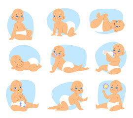 Europian cute little baby boys and toddlers in bodysuits in various poses. Newborn in different poses from 0 to a year try to crawl, move on tummy, seat, sleep, play. Vector baby shower illustration