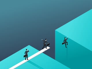 Business risk and professional strategy concept - working businessmen team jumpss over gap using a springboard - isometric conceptual illustration for banner or poster