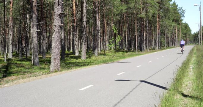 Cyclist rides bike past to the distance road pine forest backround sunny day sport