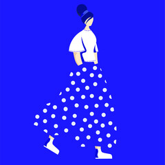 simple illustration, girl in a blue dress in peas