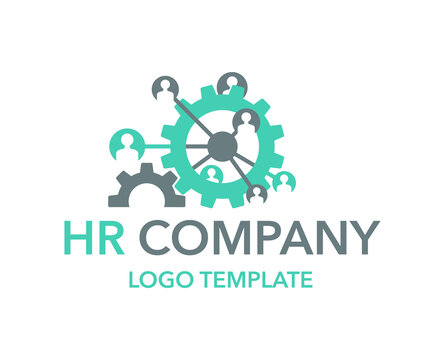 Human resources (HR) or team work (working solutions) logo template - creative emblem with people avatars combined with gears mechanism