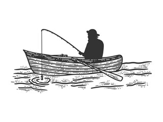 fisherman boat fishing sketch raster illustration